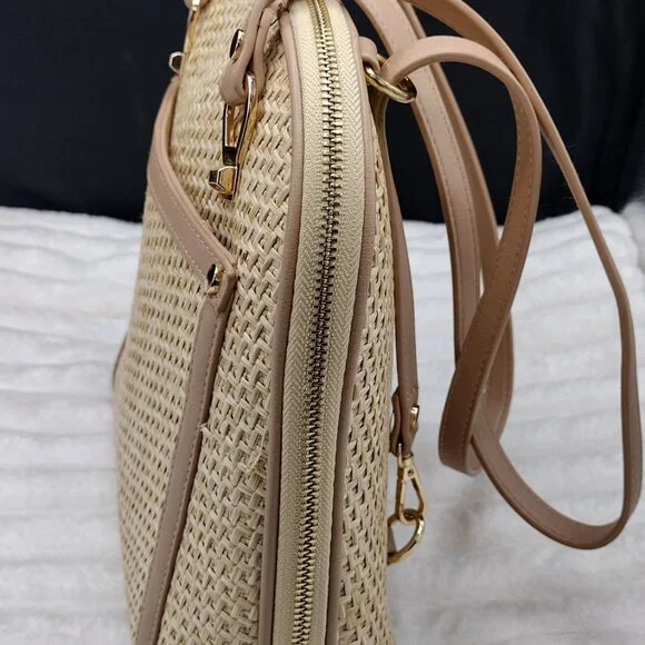 Miztique Daisy Bamboo Backpack Purse Convertible Adjustable Straps Beige & Gold - Picture 6 of 9